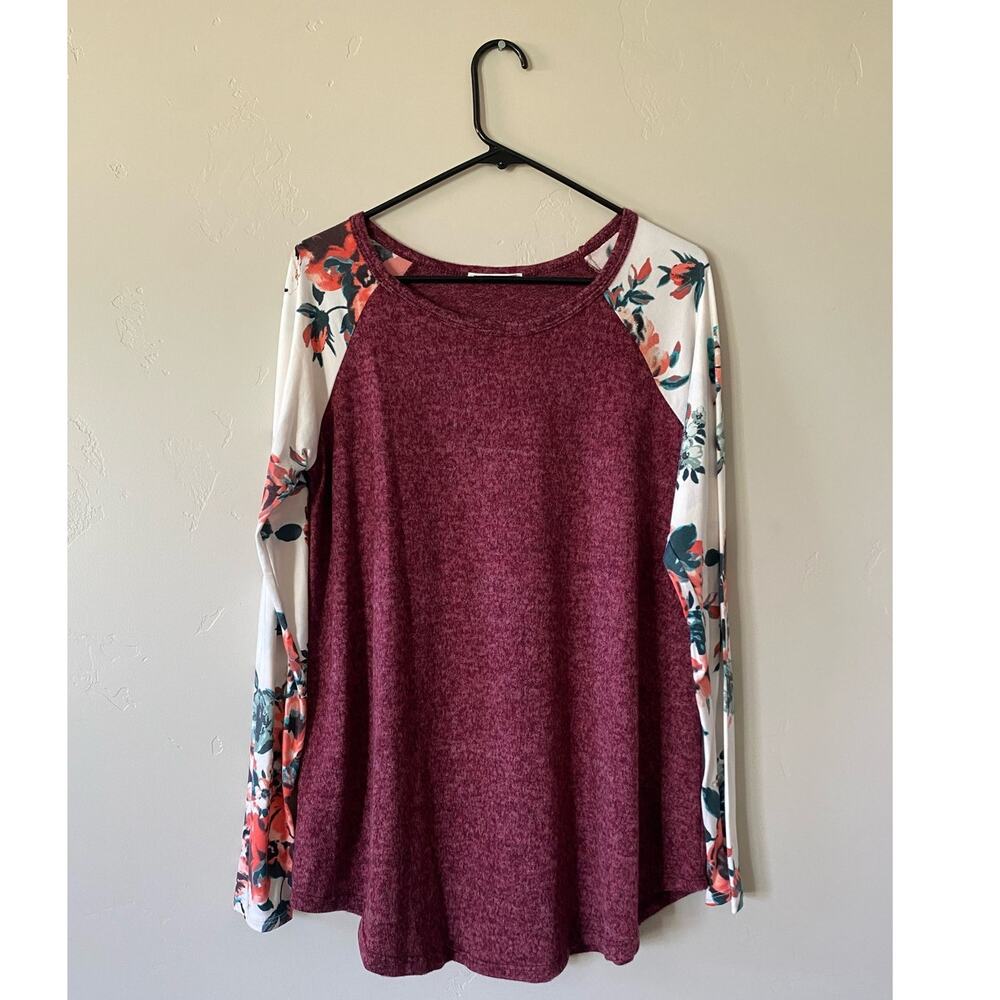 Reb in J Maroon Floral Long Sleeved Blouse Flowy Teacher Career